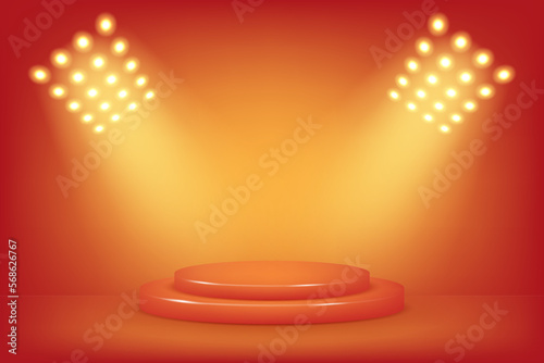 3d orange podium scene with spotlight on orange background for sale banner template, campaign, promotion, flash sale. Banner template design for web or social media.