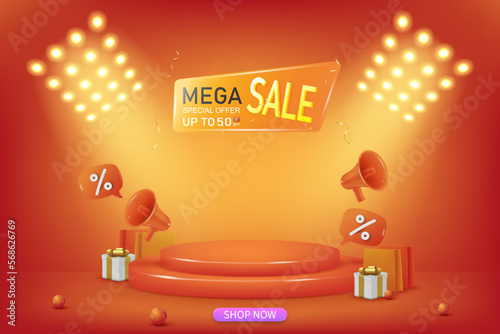 Sale banner template with 3d podium scene on orange background. Special Offer Sale 50% Off campaign or promotion. Flash sale banner template design for web or social media.