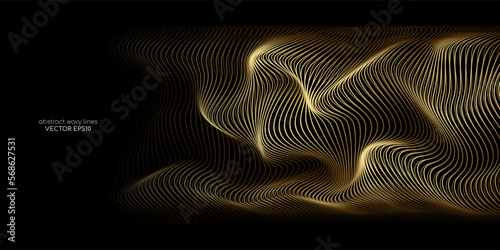 3D Vector wave lines pattern smooth curve flowing dynamic gold gradient light isolated on black background for concept luxury, technology, digital, communication, science, music.