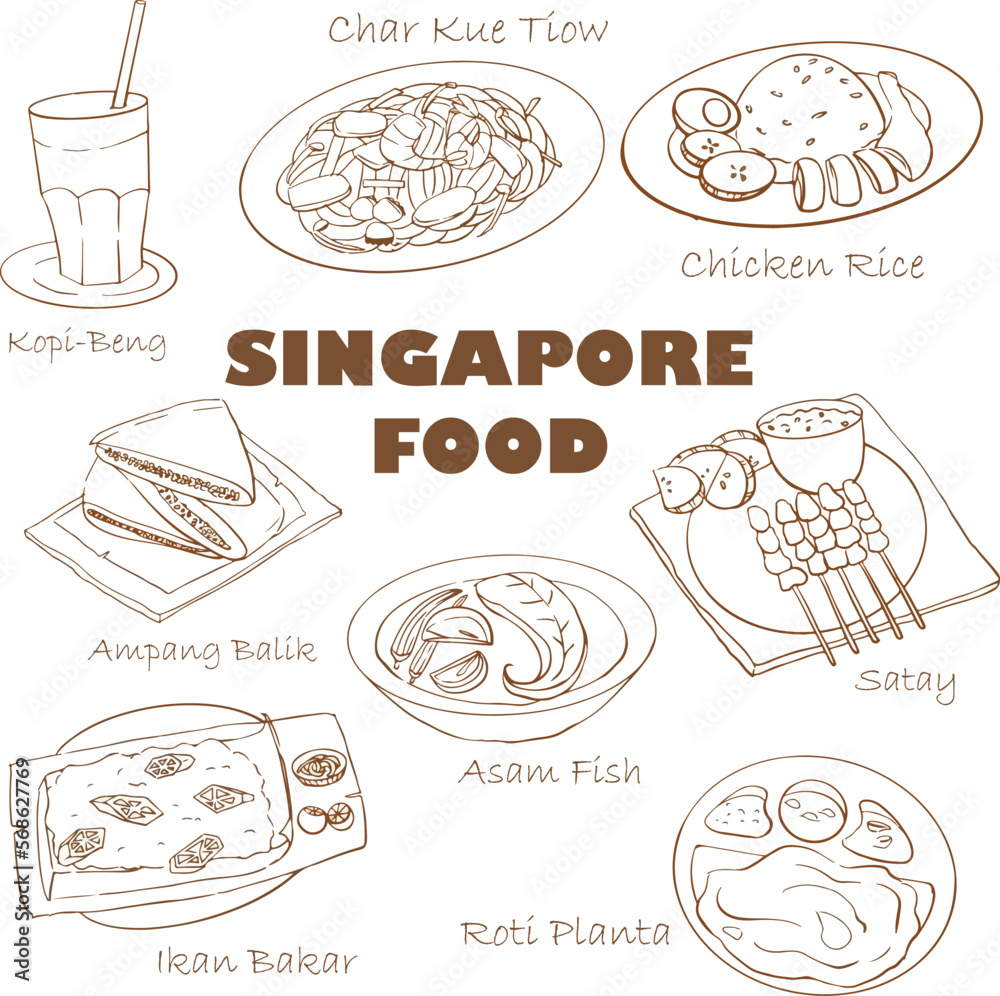 MALAYSIA SINGAPORE LOCAL FOOD CURRY PUFF NASI LEMAK KOPI SATAY IKAN BAKAR CHICKEN RICE ROTI CANAI HAND DRAWN 