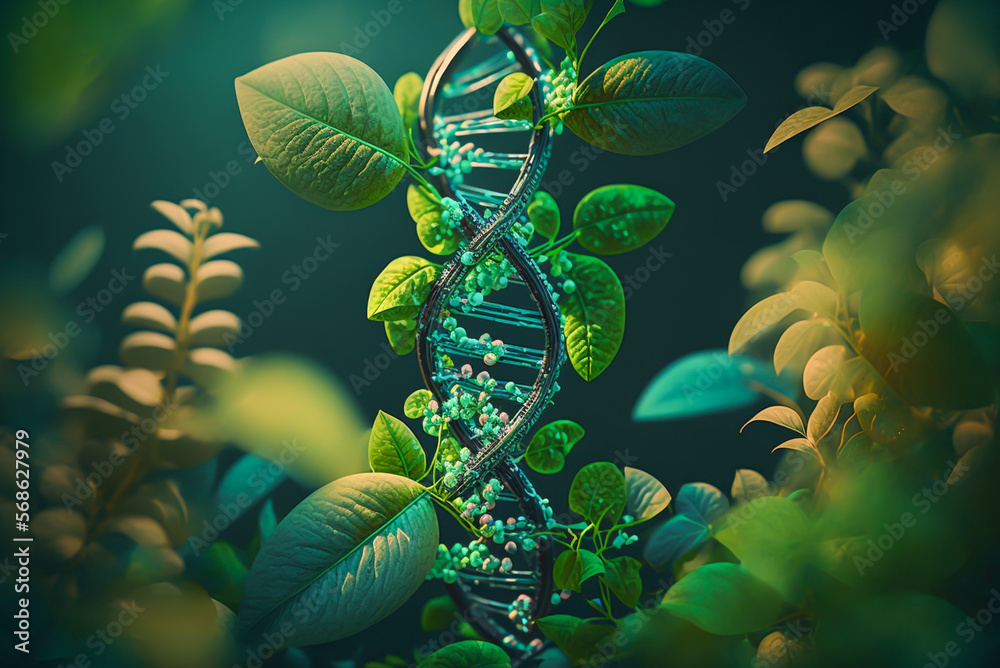 DNA helix with green plants, Generative Ai Stock Illustration Adobe Stock
