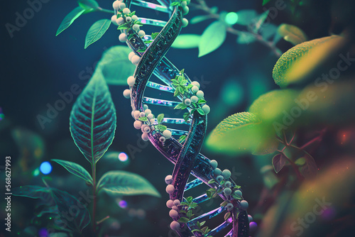 DNA helix with green plants, Generative Ai