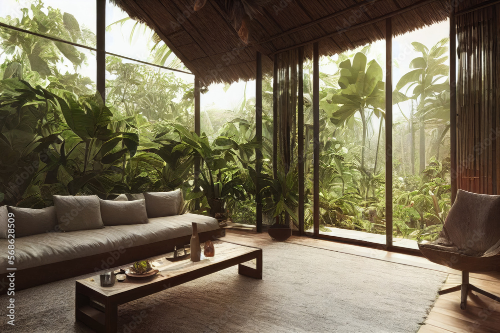 Beautiful Mexico Tulum Inspired Luxury Living Room Interior with Lush Jungle Forest Views Made with Generative AI