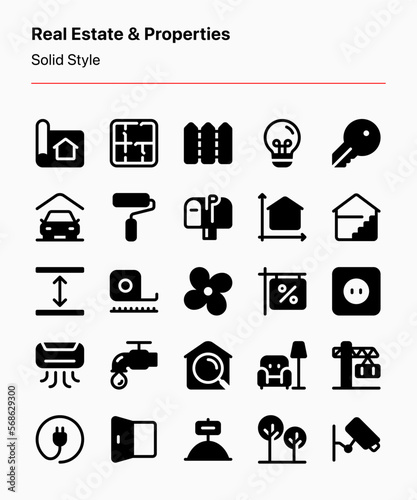 Customizable set of real estate and property icons covering the design, planning, interior, and fixtures. Perfect for agencies, businesses, apps, websites, catalogs, advertising, marketing, etc