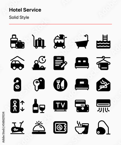 Customizable set of hotel service icons consisting of hotel-related elements, objects, and facilities. Perfect for website, ads, marketing, signage, etc