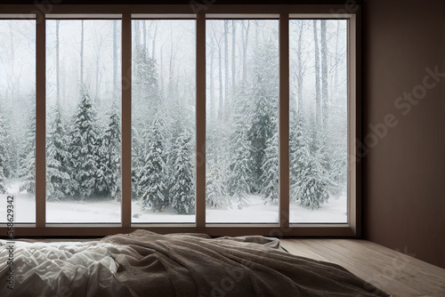 Winter Luxury Primary Bedroom Interior with Staged Bed and Winter Woods View Made with Generative AI