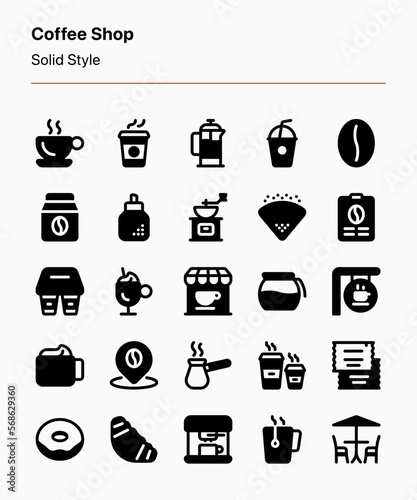 Customizable set of coffee shop icons consisting of beverages, food, and brewing equipment. Perfect for coffee shop business, products, ads, marketing, app, website, catalog menu, etc