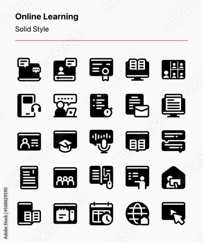Customizable set of online learning icons for app and website interfaces, institutions, courses and tutorials, presentations, ads anad marketing, product catalogs, business, graphic design, etc