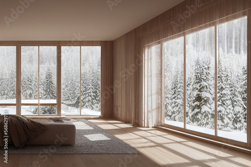 Beautiful Luxury Modern Primary Bedroom Interior with Staged Furniture and Winter Views Made with Generative AI