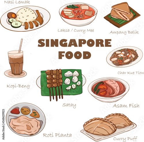 MALAYSIA SINGAPORE LOCAL FOOD CURRY PUFF NASI LEMAK KOPI SATAY IKAN BAKAR CHICKEN RICE ROTI CANAI HAND DRAWN 