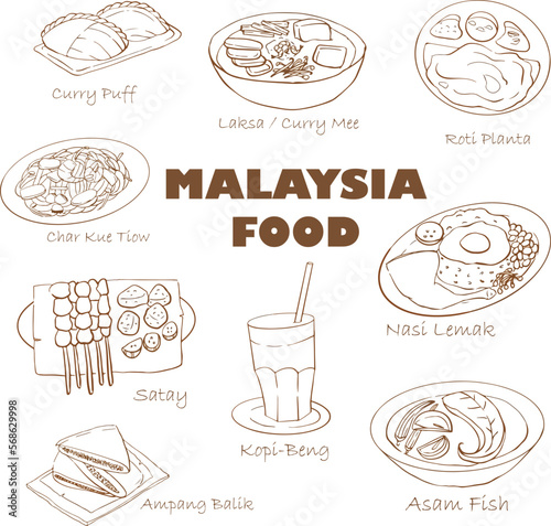 MALAYSIA SINGAPORE LOCAL FOOD CURRY PUFF NASI LEMAK KOPI SATAY IKAN BAKAR CHICKEN RICE ROTI CANAI HAND DRAWN 