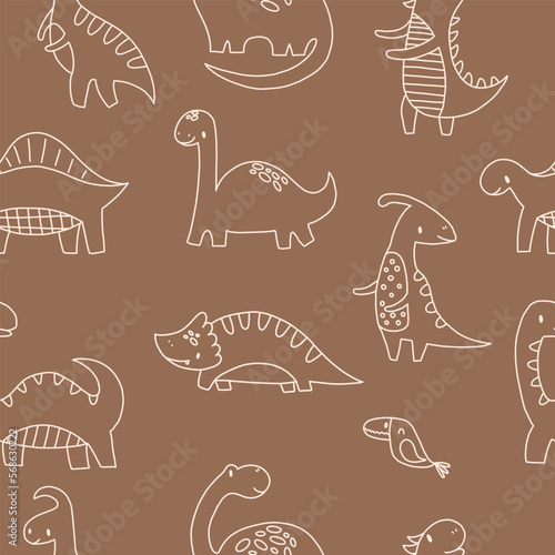 Seamless pattern with funny dinosaurs. Hand drawn vector doodles for girls, boys, kids. Hand drawn childish pattern for fashion clothes, shirt, fabric