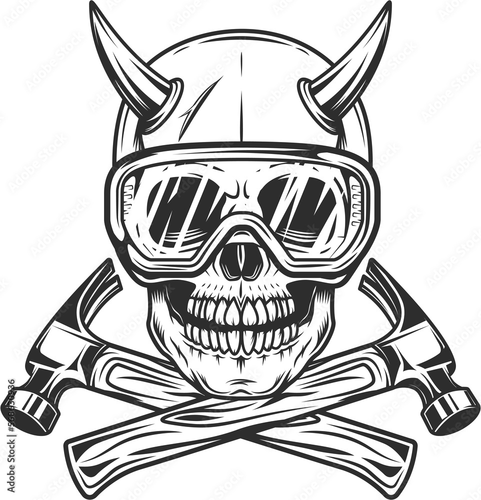Skull with horns in safety glasses and body shop mechanic repair tool or construction builder hammer in vintage monochrome style illustration