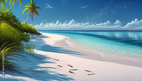  a nice beach with white sand, cloud, palm tree and wave photo