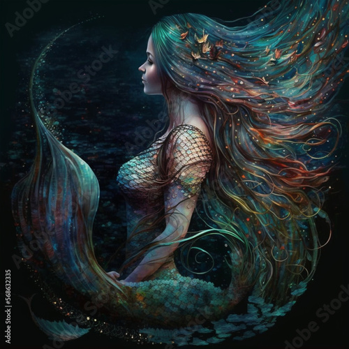 mermaid under the sea with shiny tail and long wavy hair