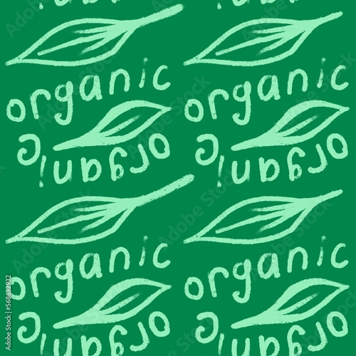 Hand drawn seamless pattern eco organic words leaves on green background. Eco friendly environment farmer market clean sustainable food. Wrapping paper packaging design, words lettering slogan photo