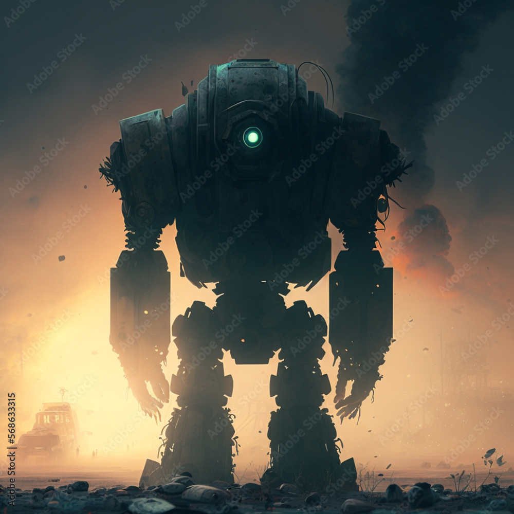 A robot watching the chaos after mass destruction Stock Illustration | Adobe Stock