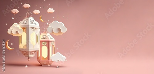 lantern ramadan islamic, eid mubarak,  eid al adha, banner with generative AI	 photo