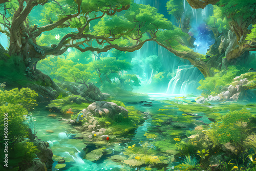 A serene image of a large tree overlooking a forest stream with waterfalls in the background. Generative AI.