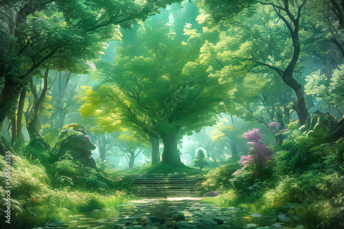 A scene in the forest with steps leading to a large central tree. Generative AI.