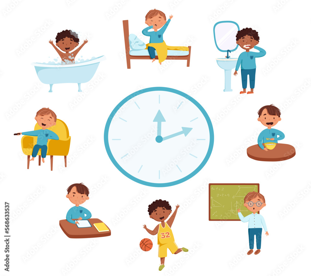 Cute and happy boys in different situationsvector illustration. Daily routine with blue simple watches. Schedule. Day time. Isolated on white background. Ideal for children's calendars, posters, day Cute and happy boys in different situationsvector illustration. Daily routine with blue simple watches. Schedule. Day time. Isolated on white background. Ideal for children's calendars, posters, day