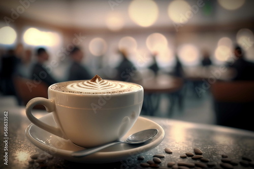 Cup of cappuccino in coffee shop blurred background, coffe, generative AI, coffee, espresso, milk, foam, Italian, drink