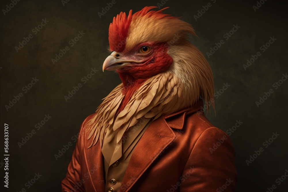 Portrait of a rooster, Hybrids creature, half man, half Chicken in mythology wearing a shirt and jacket easter rooster, illustration, generative AI