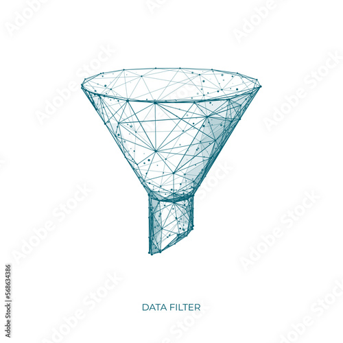 Funnel. Data filter. Isolated digital polygonal sales funnel. Marketing or business concept.