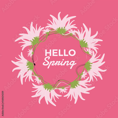 Spring floral frame. Hello spring banner. Spring social media post design. Hand drawn spring banner template