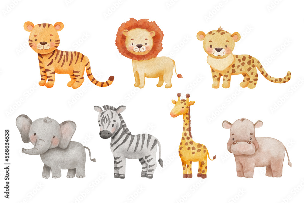 Cute giraffe, tiger and elephant in cartoon style. Watercolor Drawing african baby wild animal isolated on white background. Jungle safari animals set Cute giraffe, tiger and elephant in cartoon style. Watercolor Drawing african baby wild animal isolated on white background. Jungle safari animals set