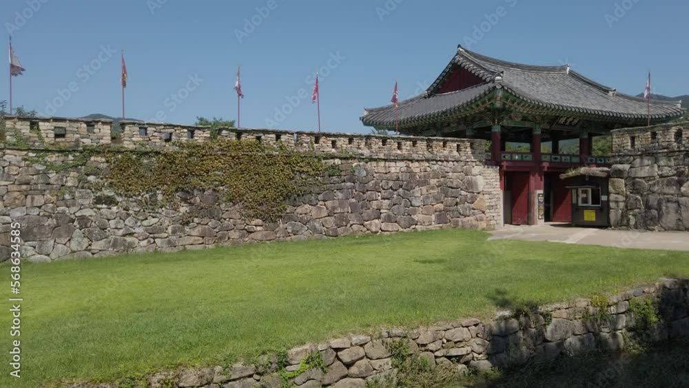 Entrance to historic fortress town Naganeupseong Folk Village, establishing pan. Entrance to historic fortress town Naganeupseong Folk Village, establishing pan.