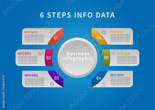 6 steps infographic Successfully finding business management information with a circle in the middle Icons and numbers on a blue gradient background.