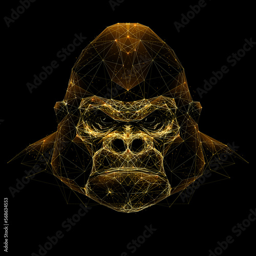 Gorilla Head. Isolated digital illustration. Technology polygonal monkey portrait. Vector art in gold. Polygon, line and shapes.