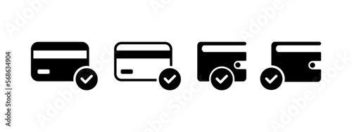 Success payment symbol. Online payment confirmation icon. credit card with check mark icon in black style - stock vector.