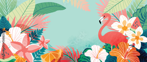 Colorful tropical background vector illustration. Jungle plants, flowers, palm leaves, exotic summertime style with flamingo and watercolor texture. Contemporary design for home decoration, wallpaper.
