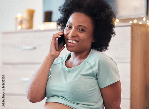 Happy, phone call and black woman relax while talking, laughing and sitting in a bedroom, content and cheerful. Smile, mobile and conversation by excited female enjoying day off, weekend and speaking
