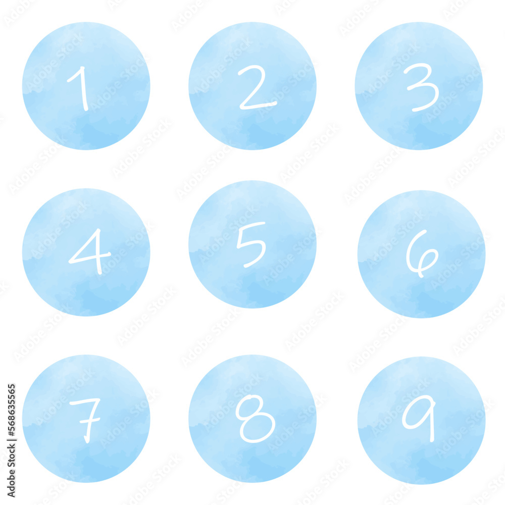 かわいい　水彩　アイコン　数字　水色　青