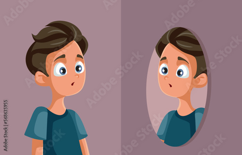 Insecure Teen Boy Looking in the Mirror Vector Cartoon Illustration. Confused teenager going trough puberty feeling anxious.
