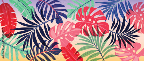 Colorful tropical leaves background vector illustration. Abstract botanical palm leaves pattern  exotic vibrant summer style with grunge texture. Contemporary design for home decoration  wallpaper.