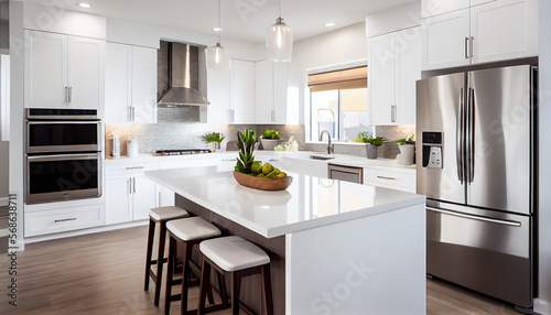 a spacious, sleek, and modern kitchen with stainless steel appliances, a large island with a quartz countertop, white cabinetry, and glass tile backsplash