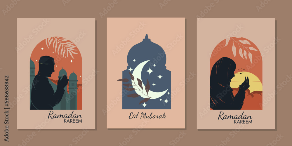 Ramadan Kareem set cover poster or invitation flat design of islamic lantern, star and moon with sunrise background. Vector illustration. Ramadan Kareem set cover poster or invitation flat design of islamic lantern, star and moon with sunrise background. Vector illustration.