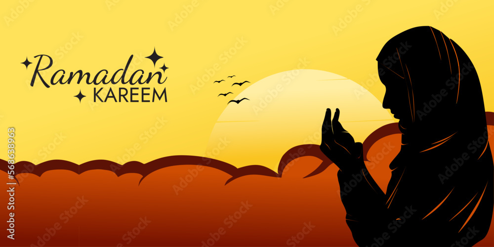 Ramadan Kareem Horizontal Banner with illustration of muslim woman praying. landscape with sunrise in the background