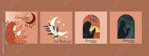 Flat design Ramadan post template, social media post template, square flyer and banner, celebration in Ramadan month. illustration of woman and man praying.