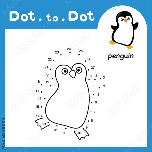 Dot to dot educational game and coloring book of penguin animal cartoon for preschool kids activity about learning counting number and handwriting practice worksheet. vector illustration