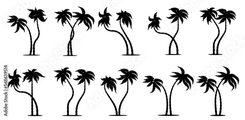 set of palm trees silhouettes on whote background, couple set of palm trees