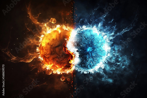Abstract art design of fire and ice colliding for background created with Generative AI technology.