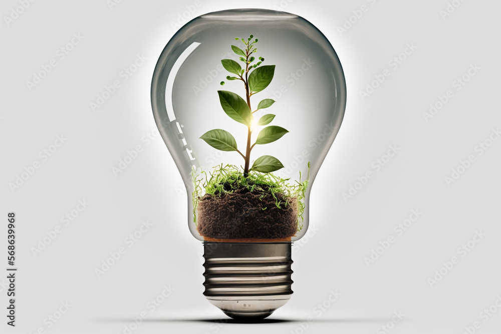 Light Bulb With Sprouts Inside Isolated In White Background. Generative AI. Light Bulb With Sprouts Inside Isolated In White Background. Generative AI.