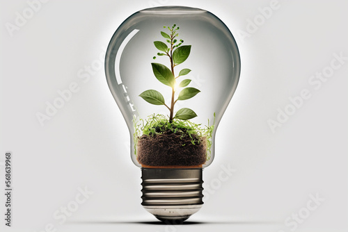 Light Bulb With Sprouts Inside Isolated In White Background. Generative AI. photo