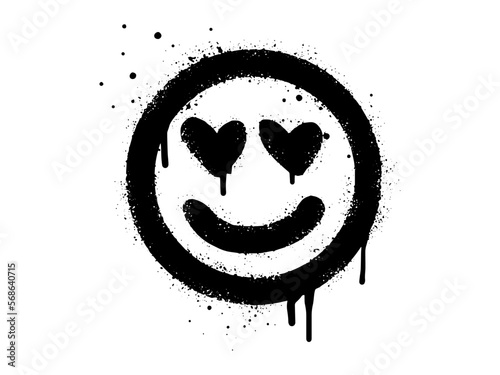 Smiling face emoticon character. Spray painted graffiti smile face with love in black over white. isolated on white background. vector illustration