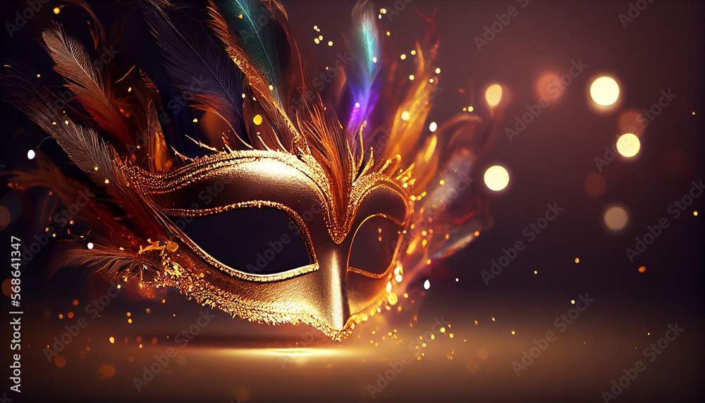 Golden carnival mask with colorful feather. Golden lights background. Venice carnival glamours design. Generative AI